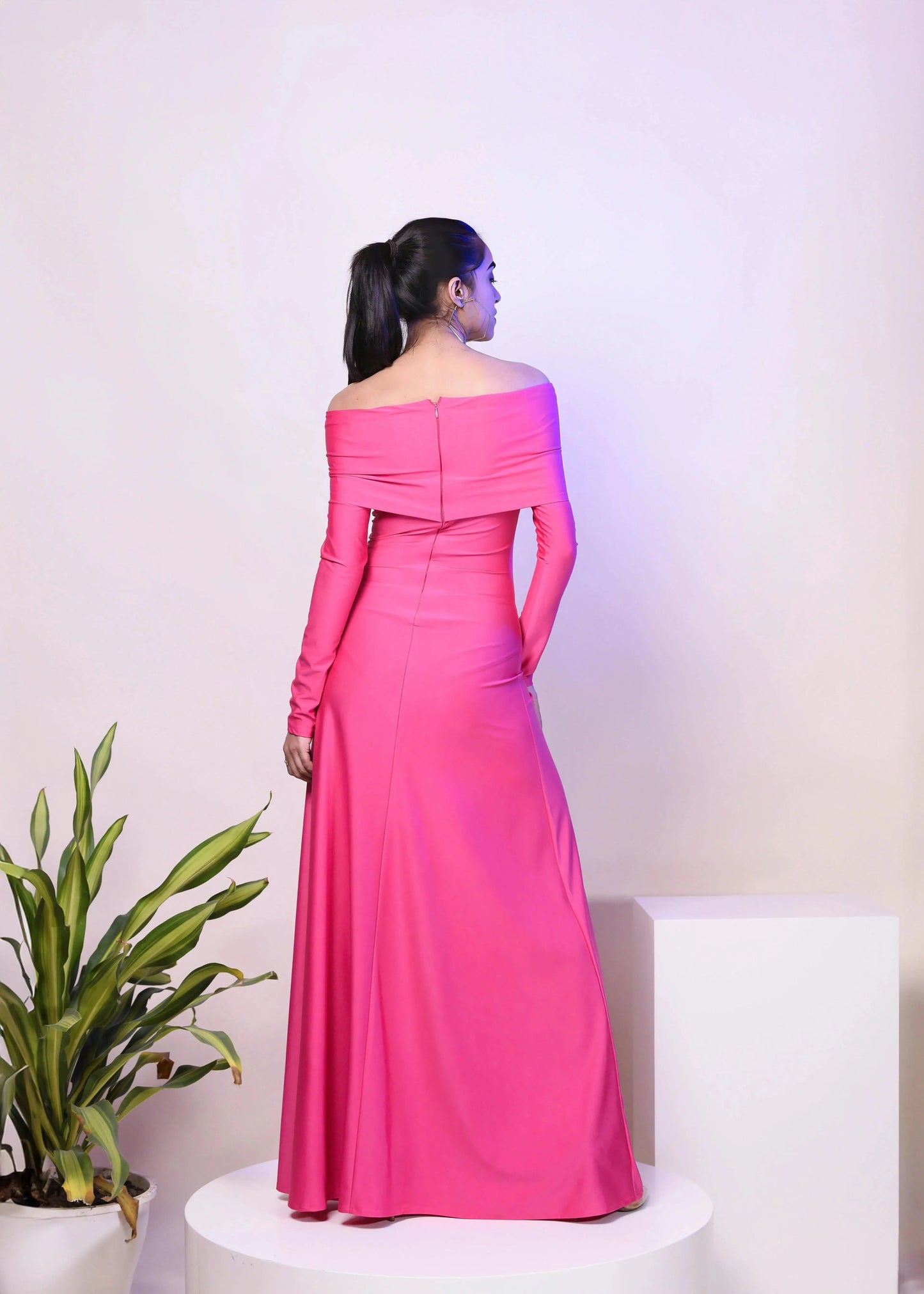 CLASSIC PINK DACRON OVERFOLD OFF SHOULDER LONG GOWN DRESS - Womenue