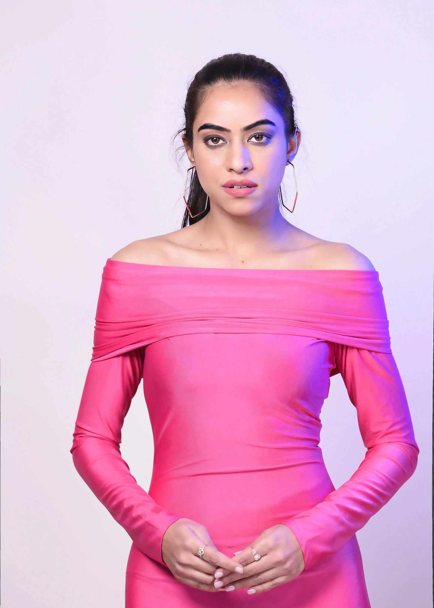 CLASSIC PINK DACRON OVERFOLD OFF SHOULDER LONG GOWN DRESS - Womenue