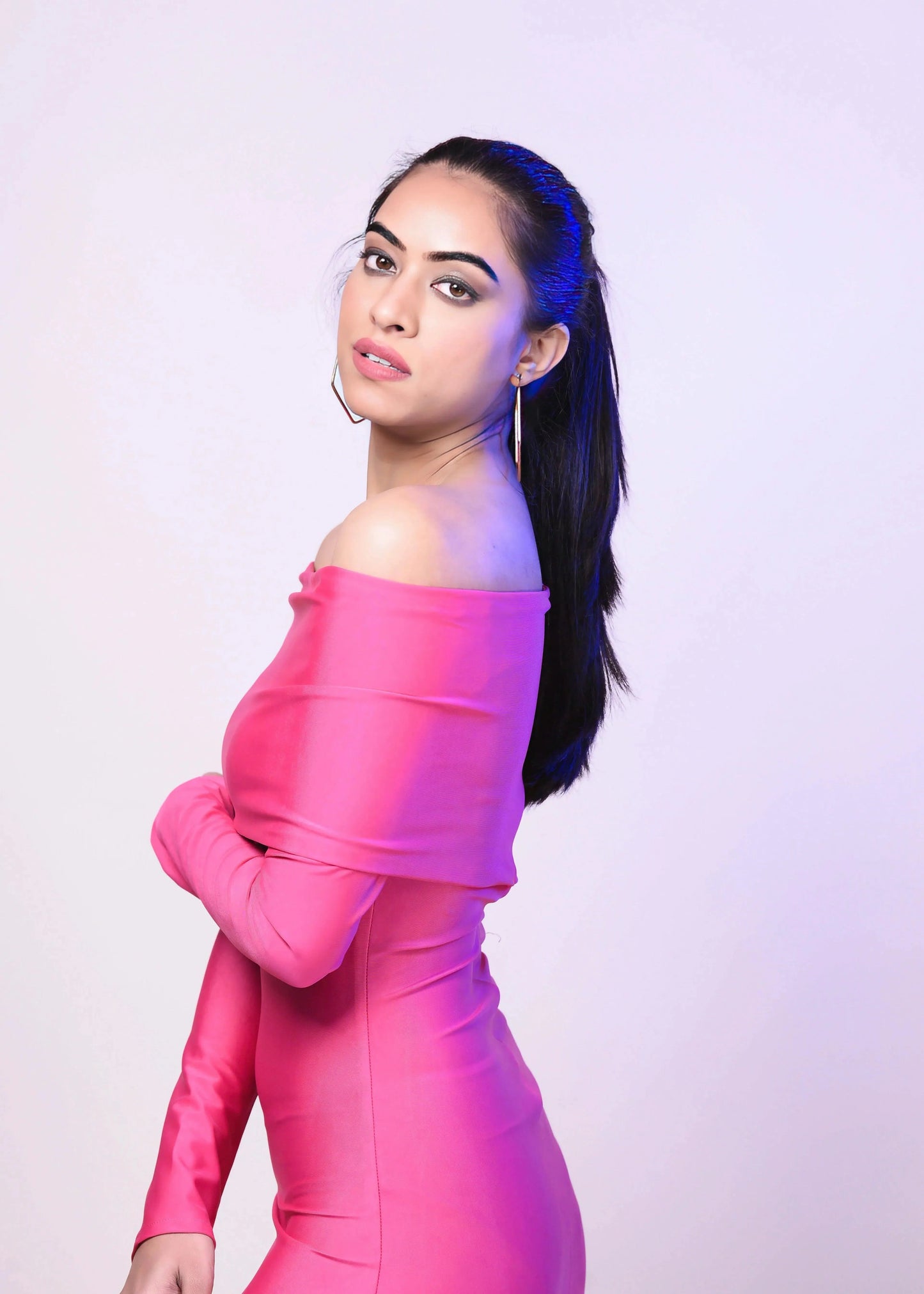 CLASSIC PINK DACRON OVERFOLD OFF SHOULDER LONG GOWN DRESS - Womenue