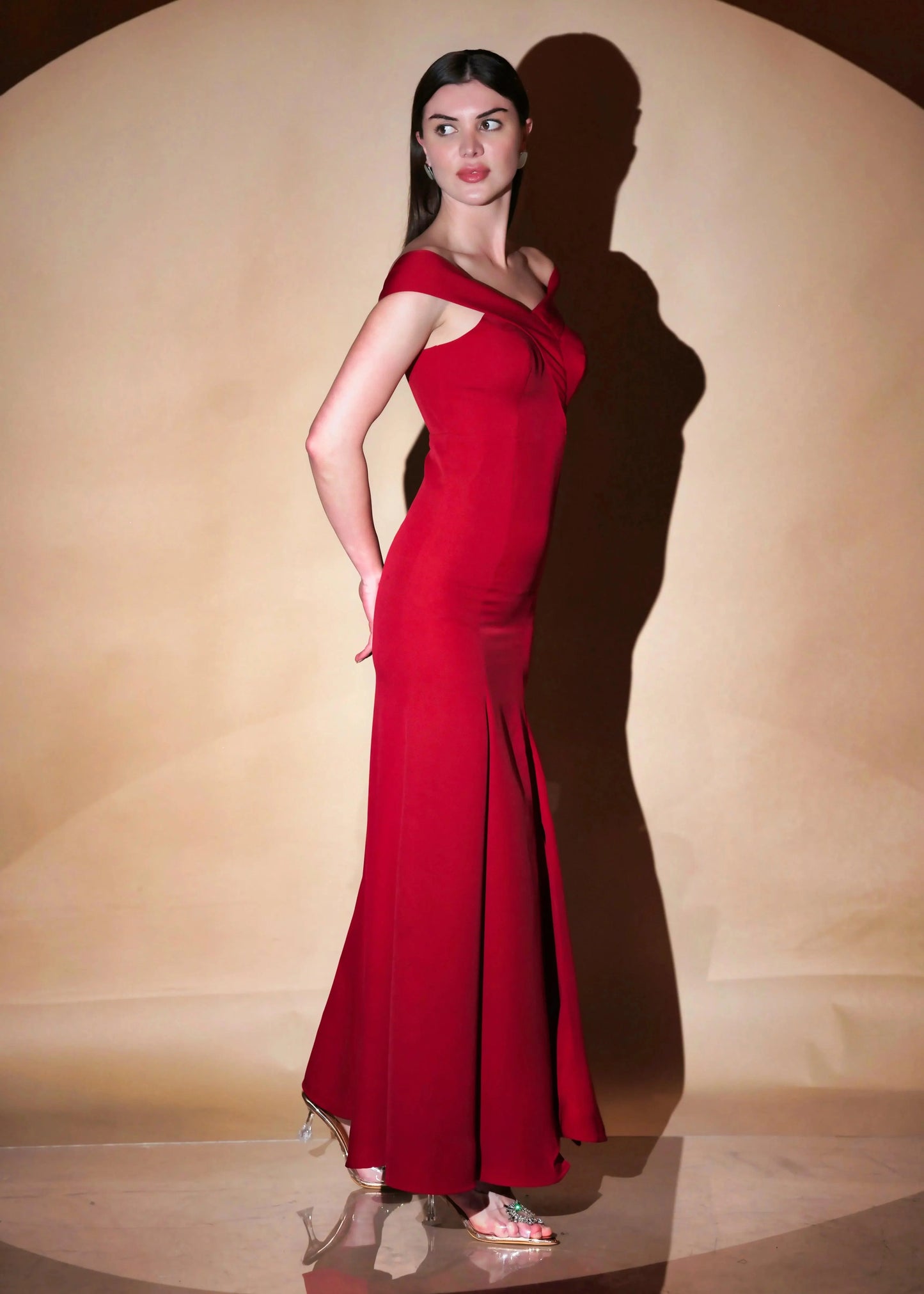 Classic Red Elegance Off Shoulder Mermaid Gown - Womenue