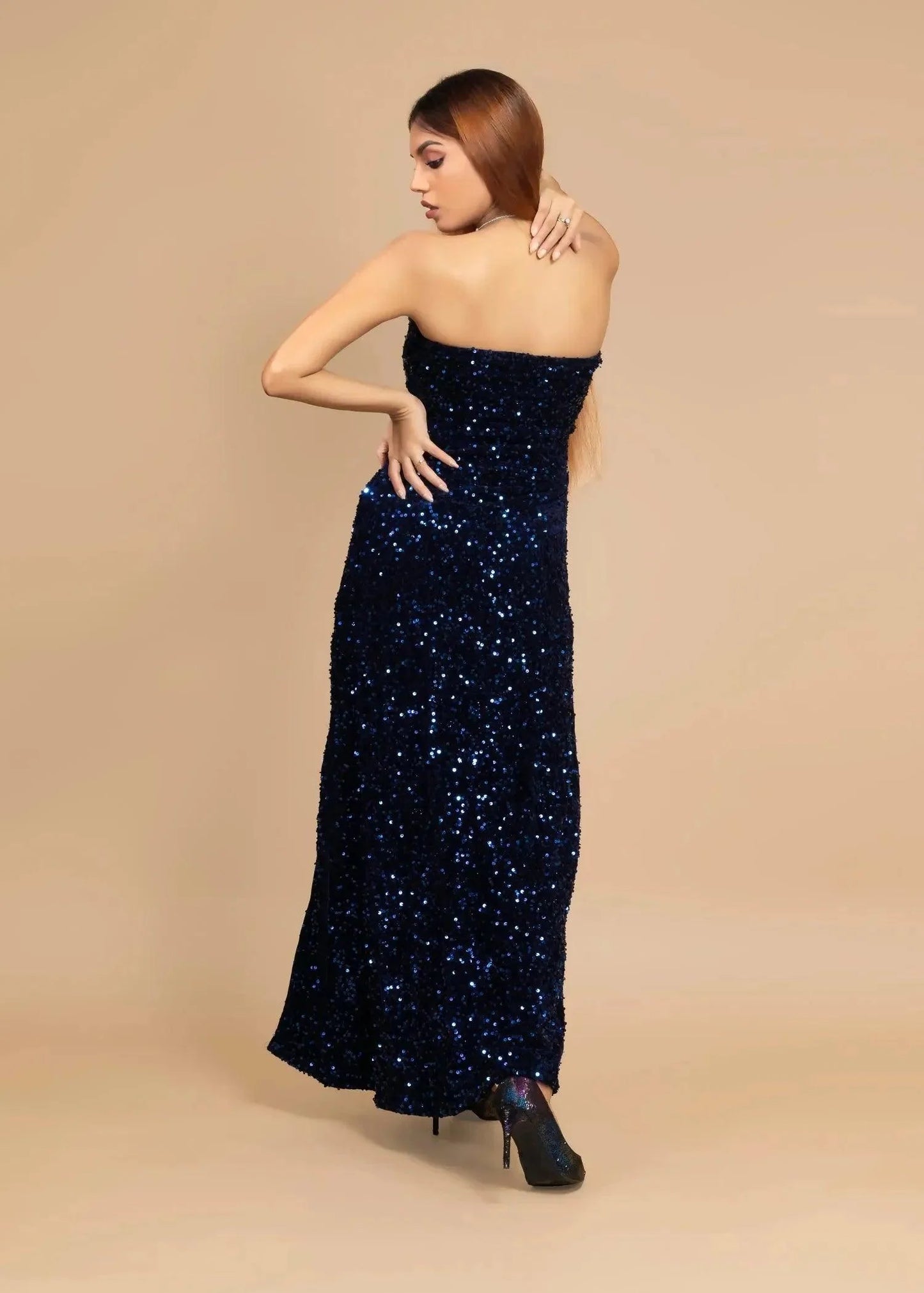 ELEGANT BLUE OFF-SHOULDER VELVET SEQUIN DRESS - Womenue