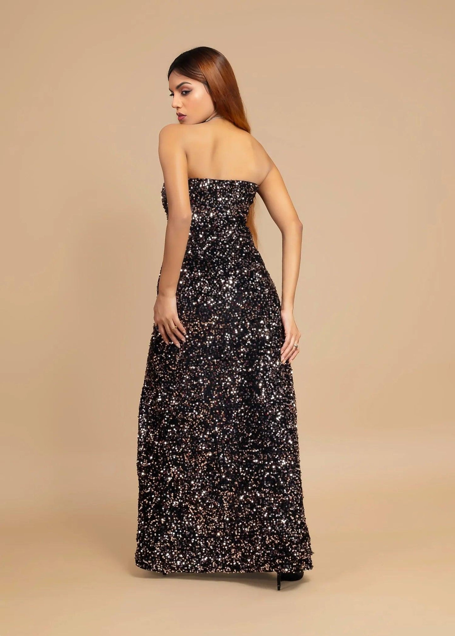 ELEGANT BRONZE OFF-SHOULDER VELVET SEQUIN DRESS - Womenue