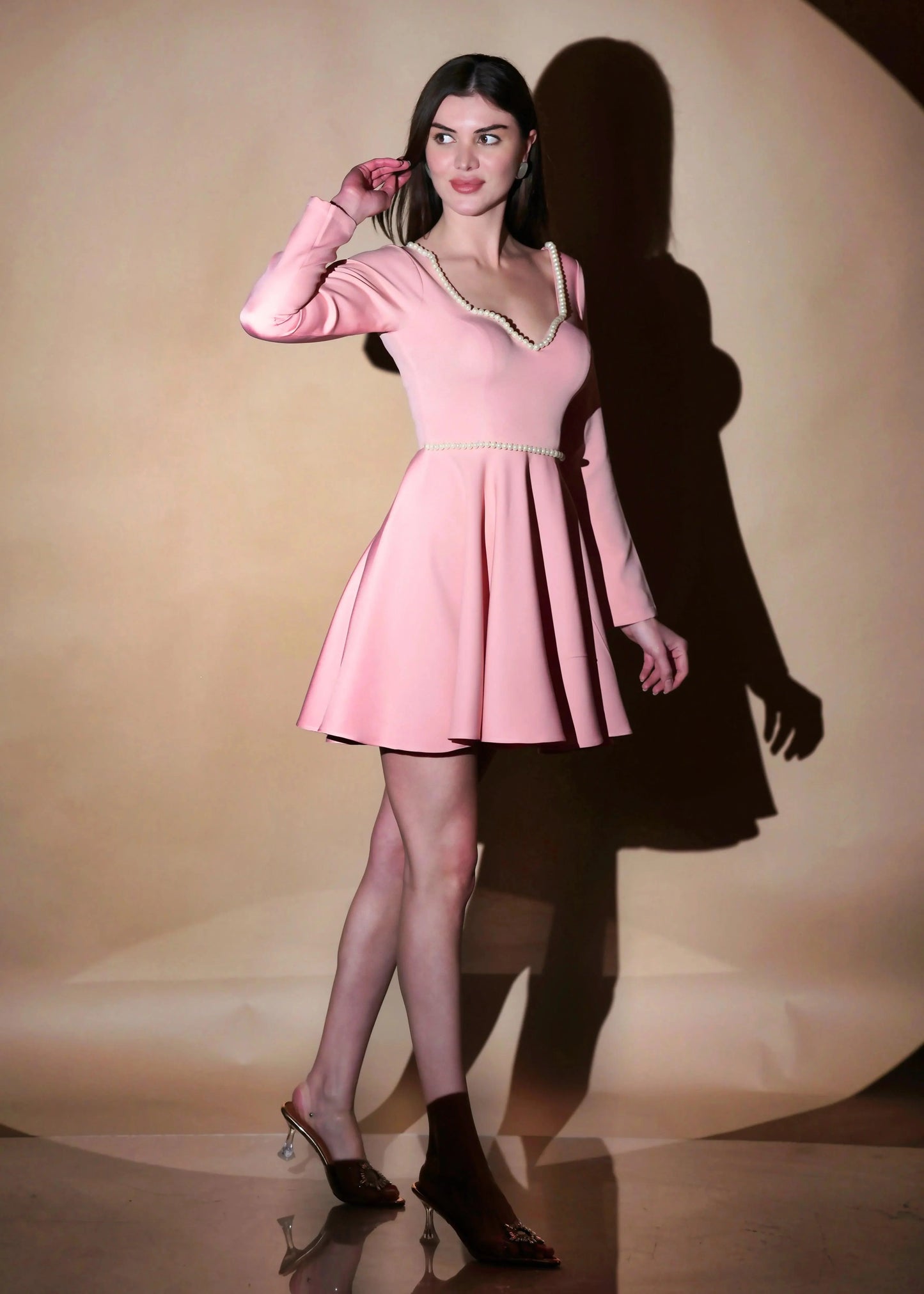 PEACH SWEETHEART NECK PEARL EMBRACE SHORT SKATER DRESS - Womenue