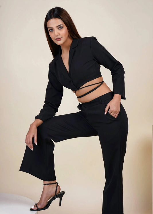 BLACK CROPPED TIE STRING BLAZER CO-ORD SET WITH FLARED PANT - Womenue