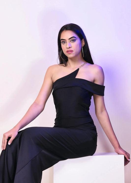 BLACK DACRON ONE SHOULDER SLIM FIT SLIT ON LONG DRESS - Womenue
