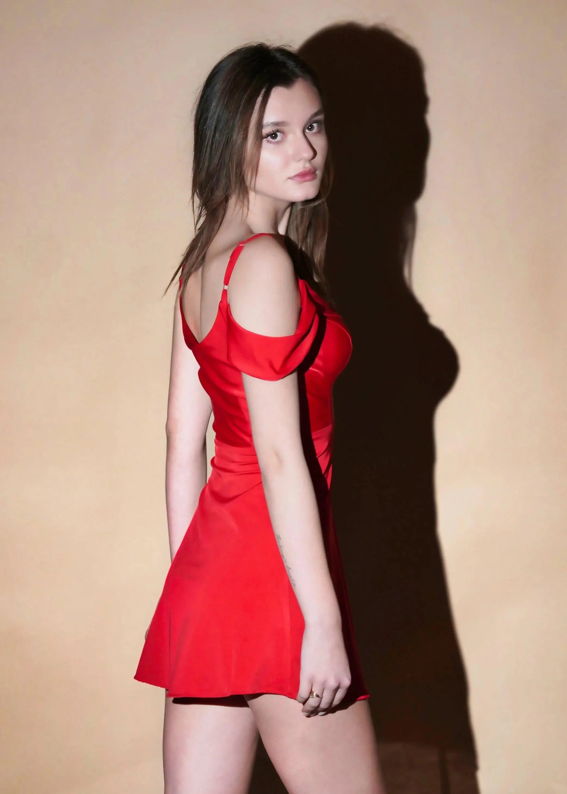Bold Bloom Red Dacron Draped Neck A-Line Mini Dress - Womenue