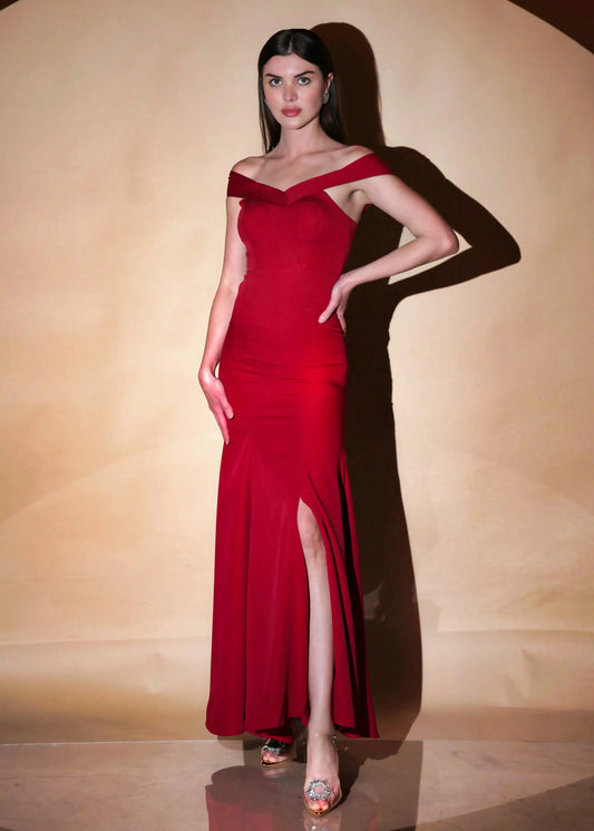 Classic Red Elegance Off Shoulder Mermaid Gown - Womenue