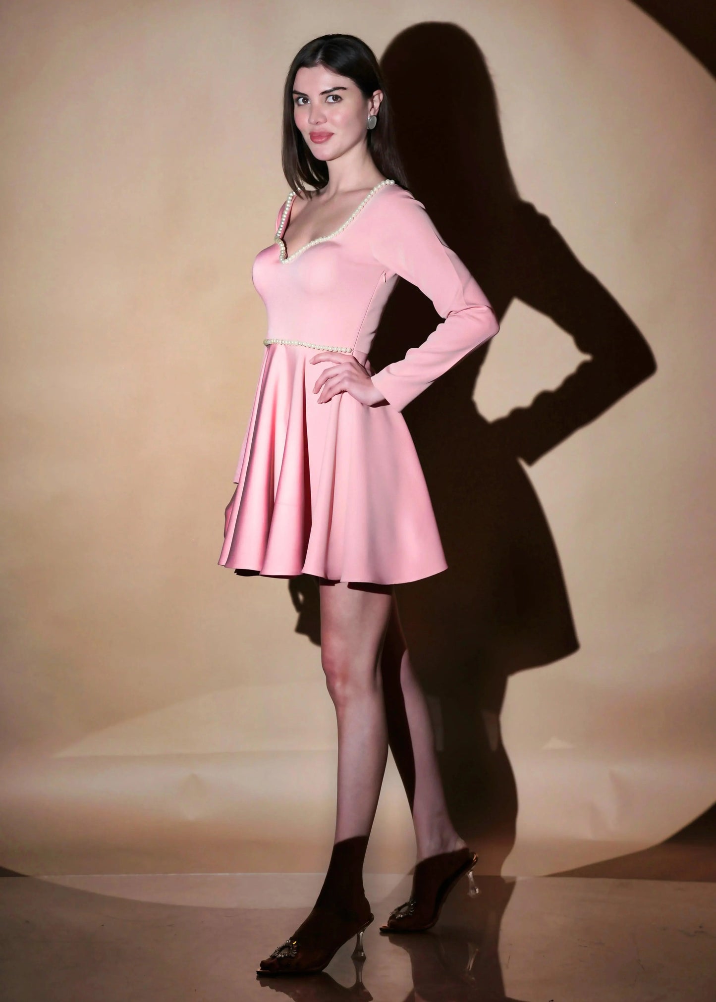 PEACH SWEETHEART NECK PEARL EMBRACE SHORT SKATER DRESS - Womenue