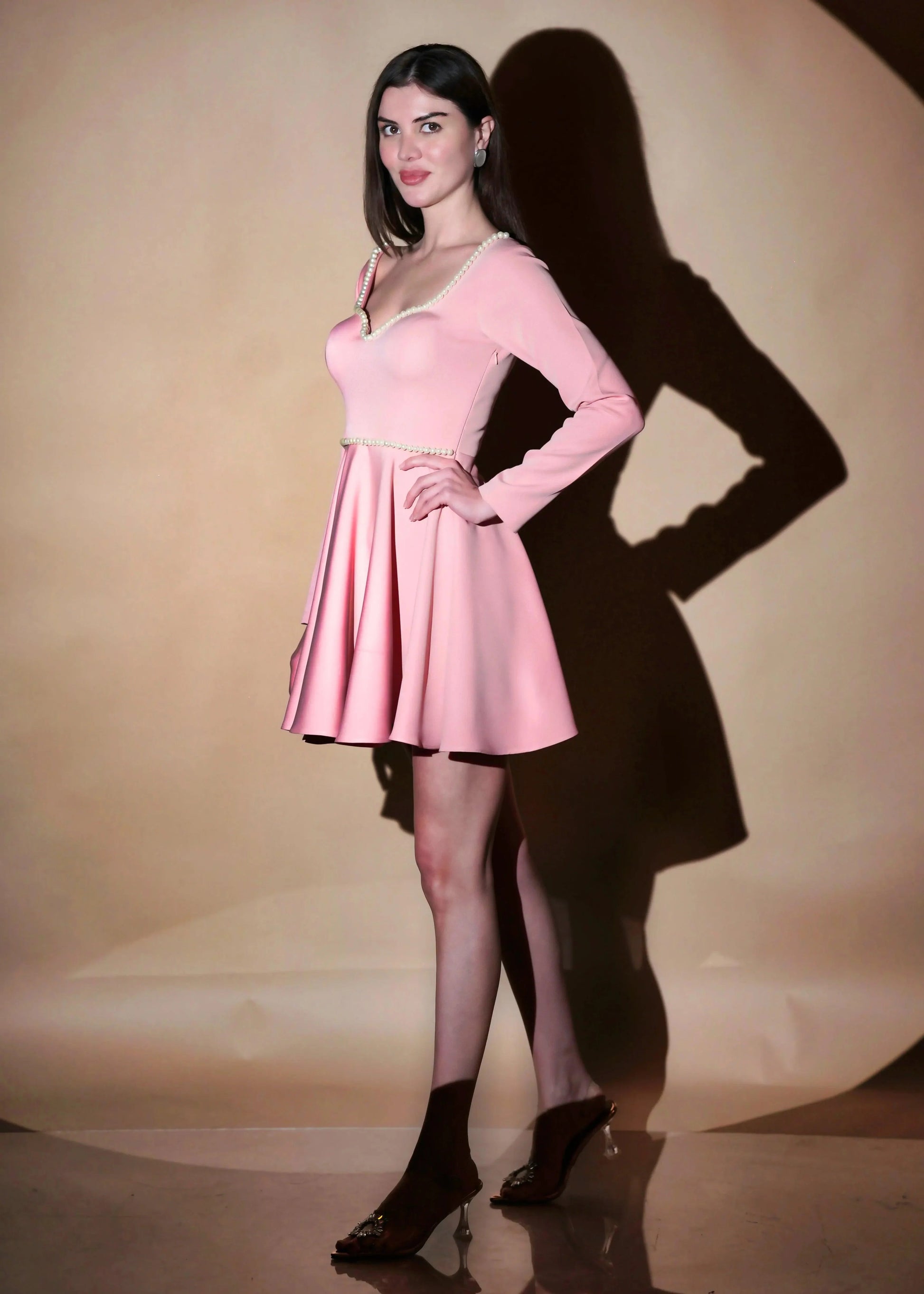 PEACH SWEETHEART NECK PEARL EMBRACE SHORT SKATER DRESS - Womenue