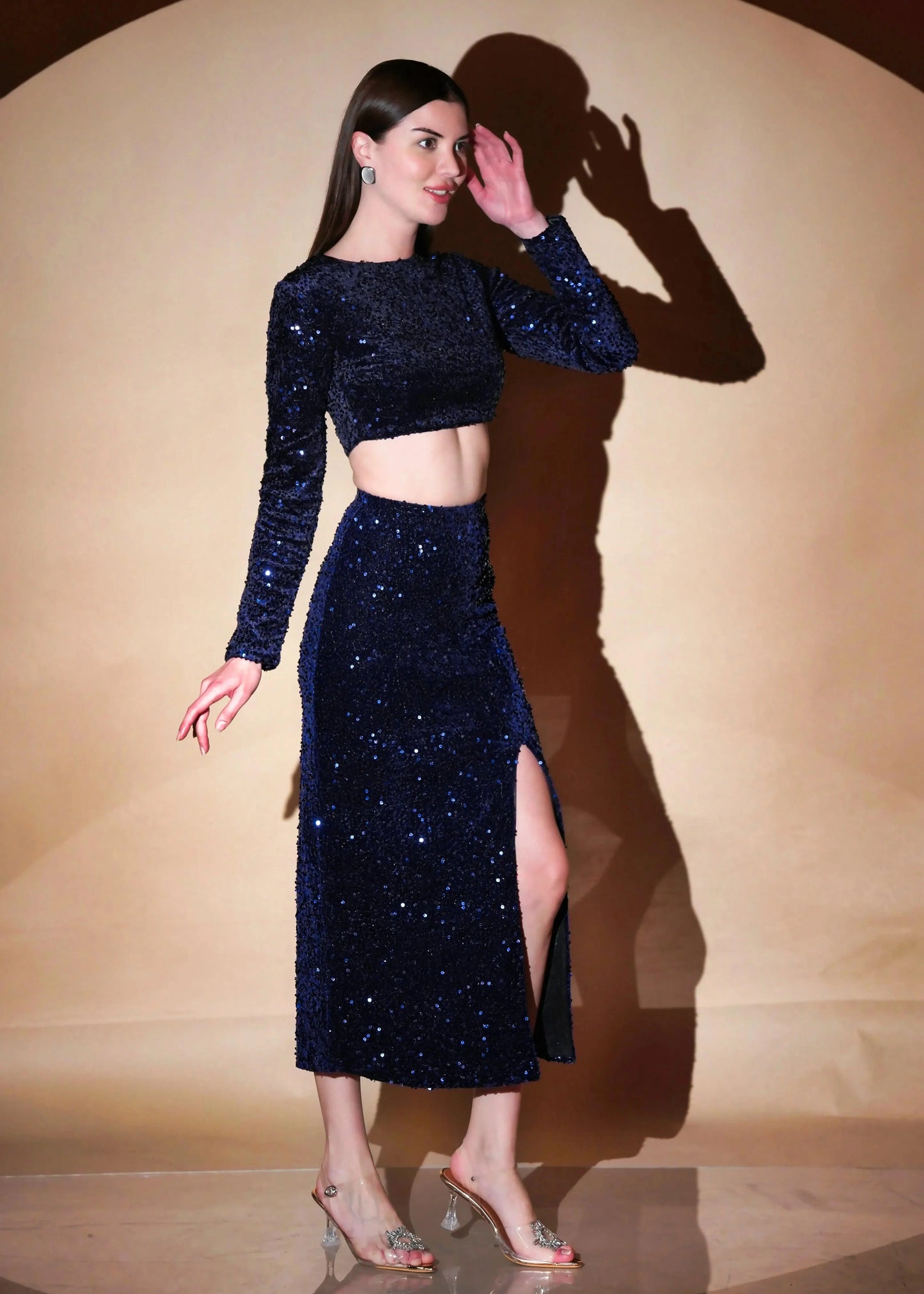 Stunning Round Neck Style Blue Velvet Sequin Top With Side Slit Skirt - Womenue